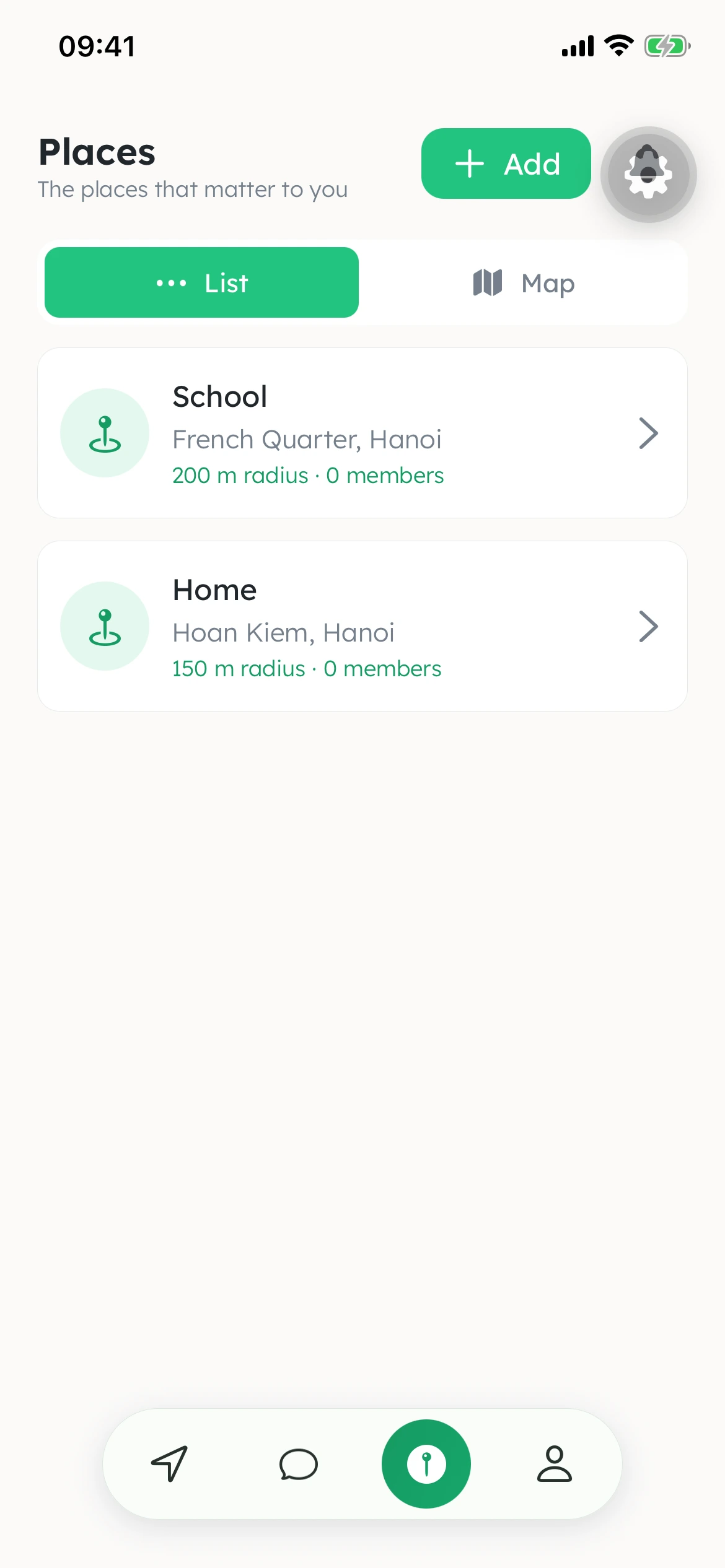 Togeo saved places screen with Home and School